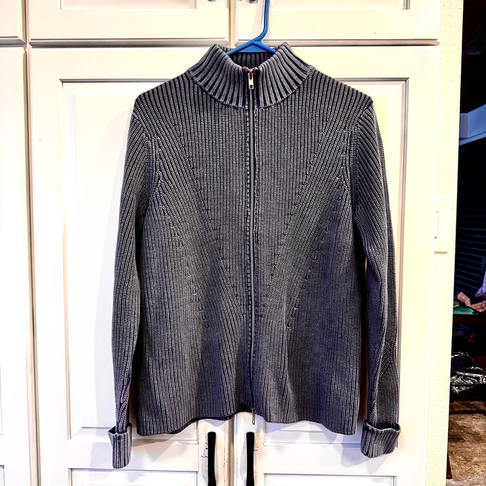 Tyler Boe - Blue Mineral Wash  Full‎ Zip Ribbed Knit Sweater. Size Medium